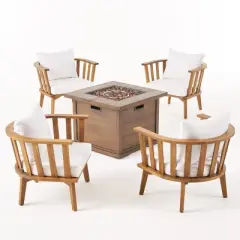 Christopher Knight Home 5 Piece Outdoor Patio Fire Pit Conversation Set with 32" Gas Fire Pit Table and Acacia Wood Club Chairs