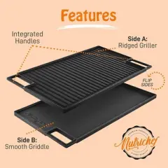 NutriChef 18'' Reversible Cast Iron Grill Pan - Flat & Grilled Cooking NCCIRG59