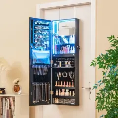Tangkula Wall Mounted Jewelry Cabinet Full-Length Mirror Lockable w/ 3-Color Lights