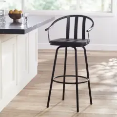 Elm Lane Black Bar Stool 25 3/8" High Modern Industrial Wood Seat Curved Arm with Footrest Backrest Kitchen Counter Height Island