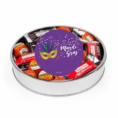 Mardi Gras Sugar Free Candy Gift Tin Large Plastic Tin with Sticker and Hershey's Chocolate & Reese's Mix - By Just Candy