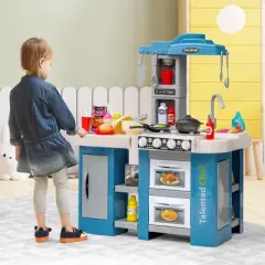 Costway  Large Plastic Play Kitchen Set W/ 67 Pcs Cooking Accessories Food &Realistic Lights & Sounds