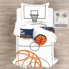 4pc Twin Kids' Basketball Game Reversible Oversized Comforter Bedding Set White/Navy - Lush D&eacute;cor: Sports Bedding, Kids Bedroom Decor