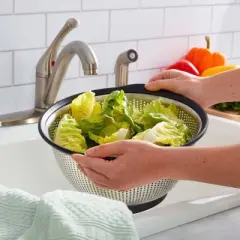 KitchenAid 5 Quart Colander Stainless Steel Black Rim: Metal Strainer, Dishwasher-Safe, Light Silver, Black