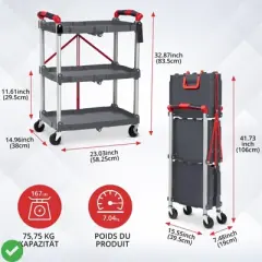 3-Layer Folding Cart Portable Service Trolley Collapsible Utility Carts 56 Lbs Load Capacity