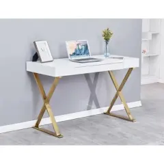 Modern Stainless Steel Frame Computer Desk - Gold High Gloss - Best Master Furniture