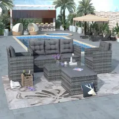 5-piece Outdoor UV-Resistant Patio Sofa Set with Storage Bench, All Weather PE Wicker Coversation Set with Glass Table, Gray-ModernLuxe