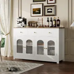55Inch Large Sideboard Buffet Storage Cabinet with 3 Drawer and 4 Doors Wood Coffee Bar Buffet Table