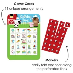 Big Dot of Happiness Farm Animals - Picture Bingo Cards and Markers - Birthday Party Bingo Game - Set of 18