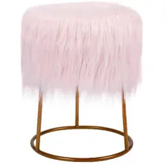 BirdRock Home Round Pink Faux Fur Foot Stool Storage Ottoman with Pale Gold Legs