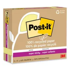 Post-it Notes Super Sticky 100% Recycled Paper Super Sticky Notes, 3" x 5", Canary Yellow, 70 Sheets/Pad, 12 Pads/Pack