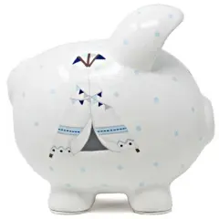 Bank Blue Bohemian Piggy Bank  -  One Piggy Bank 7.5 Inches -  Arrows Tent Tepee  -  36911  -  Ceramic  -  White