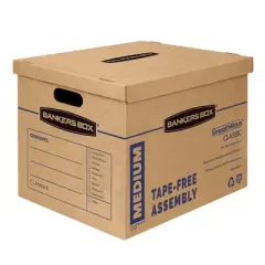 Fellowes Bankers Box 10pk Medium Classic Moving Boxes Tape-Free with Reinforced Handles: Corrugated Paper, 14.5" H, 19" D, 15.5" W