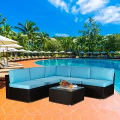 6pc Outdoor Rattan Wicker Conversation Set with Cushions - Brown/Blue - GODEER