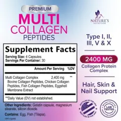 Multi Collagen Supplement, Type I, II, III, V, X Collagen Pills, Collagen Supplements, Hair, Skin, Nail & Joint - 120 Capsules By Nature's Nutrition