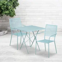 Emma and Oliver Commercial 28" Square Metal Folding Patio Table Set w/ 2 Square Back Chairs