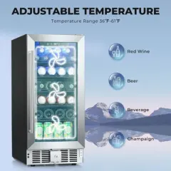 R.W.FLAME 15-Inch 115-Can Beverage Fridge, 2.9 Cu.Ft Cooler with Safety Lock, Low Noise, Transparent Glass Door with Stainless Steel Handle