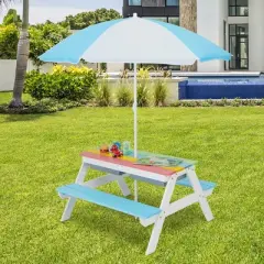 Costway 3-in-1 Kids Picnic Table Wooden Outdoor Sand & Water Table with Umbrella Play Boxes Natural/Blue/Green