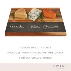 Twine Rustic Farmhouse Wood with Slate Cheese Board, Chalk Set, Acacia Wood and Natural Slate Cutting Board, Soapstone Chalk, Gourmet Gift Set, Brown