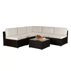 6pc Outdoor Rattan Wicker Conversation Set with Sofa, Chairs & Coffee Table - Brown/Beige - GODEER