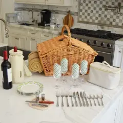 Picnic at Ascot English Style Willow Basket with Four Person Picnic Set, Blanket, and Coffee Set