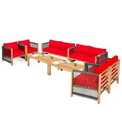 Costway 8PCS Wooden Patio Furniture Set Cushioned Sofa W/Rope Armrest White\Turquoise\Red