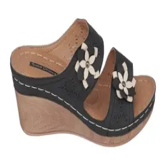 GC Shoes Cie Double Band Perforated Flower Comfort Slide Wedge Sandals