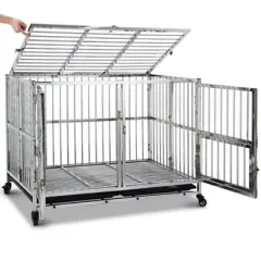 48 Inch Heavy Duty Dog Crate - Stainless Steel Kennel with Wheels, Double Door & Small Door Design, Removable Tray & Sturdy Locks, Silver