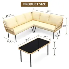 4 Pieces Patio Furniture Sets Wicker Outdoor Sectional L-Shaped with Cushions,Side Table and Chairs Set,Boho Rattan 5 Seater Conversation Sets,Beige