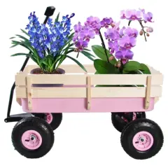 DSVIMOY Portable Outdoor Wagons with Wood Railing, Portable Carts for Children Kids, Pink, 39.37"*19.3"*24.8"