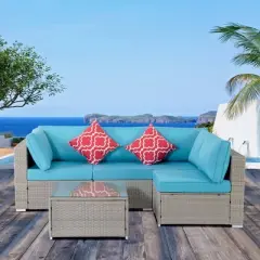 5pc Wicker Patio Seating Set with Cushions - Gray/Blue - GODEER