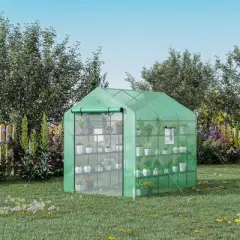 Outsunny 8' x 6' x 7' Walk-in Greenhouse, 18 Shelf Hot House, Roll Up Zipper Door, UV protective for Flowers, Herbs, Vegetables, Green