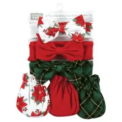 Hudson Baby Infant Girl Cotton Headband and Scratch Mitten Set, Poinsettia, 0-6 Months