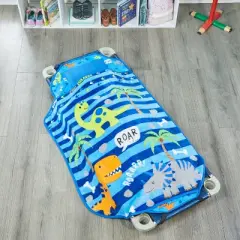 Everyday Kids Dinosaur Toddler Cot Nap Mat for Home, Daycare, Preschool ; Easy to Roll Sleeping Mat with Elastic Straps, Pillow and Blanket