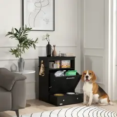 PawHut Pet Feeder Station Storage Cabinet, Dog Food Storage Container with Dog Raised Bowls and Hanger for Feeding & Watering Supplies, White