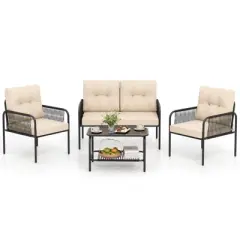 Costway 4 PCS Patio Furniture Set with Loveseat Tempered Glass Coffee Table & Soft Cushions