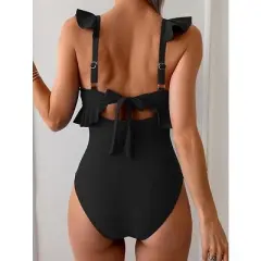 Eomenie One Piece Swimsuit for Women Tummy Control Ruffle Bathing Suit V Neck Ruched Swim Suit Slimming Cutout Swimwear