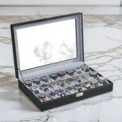 LEDREM Watch Box, 24-Slot Watch Case, Lockable Storage Case with Glass Lid, Ink Black Synthetic Leather, Dove Gray Lining - Perfect Gift Idea