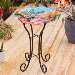 LuxenHome Flamingo Glass Birdbath with Metal Stand Pink