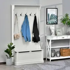 HOMCOM 71" 3-In-1 Hall Tree Storage Bench and Coat Rack with 5 Steel Double Hooks, and Anti-Topple Anchor for Entryway, Off White