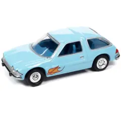 1976 AMC Pacer Light Blue with Flames with Poker Chip and Game Card "Trivial Pursuit" 1/64 Diecast Model Car by Johnny Lightning