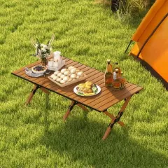 Costway Folding Aluminum Camping Table with  Carry Bag Roll-Up Picnic Table with  Wood Grain