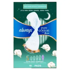 Always Extra Heavy Overnight Pure Cotton Pads with Wings - Size 5 - 18ct