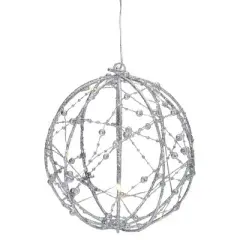 Northlight 8" LED Lighted Silver Wired Christmas Hanging Ball Decoration - Warm White Lights