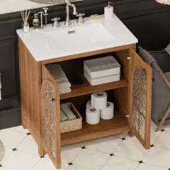 Christopher Knight Home Richter Vintage 31" Bathroom Vanity with Ceramic Sink, Tempered Glass Doors and Adjustable Shelves