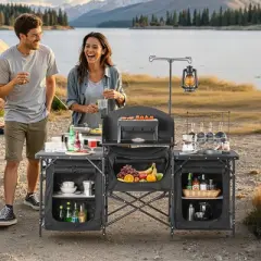 VEVOR Camping Kitchen Table, Outdoor Camp Cooking Table, Aluminum Portable Cook Station with 3 Storage Cupboard, Carrying Bag, Black