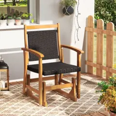 Tangkula Patio Rattan Glider Chair w/ Acacia Wood Frame & Wicker Seat Back Armrests
