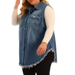 Agnes Orinda Women's Plus Size Button Up Frayed Hem Shacket Sleeveless Pockets Denim Vests