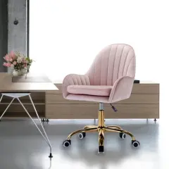 CAVINAS Office Chair with Wheels,Adjustable Gaming Chair with Side Arms and Gold Metal Base,Swivel Velvet Desk Chair for Adult,Student,Pink