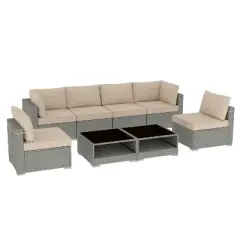 GDFStudio Dana Outdoor 6-Seater Rattan and Metal Upholstered Sectional Sofa Set with Coffee Table
